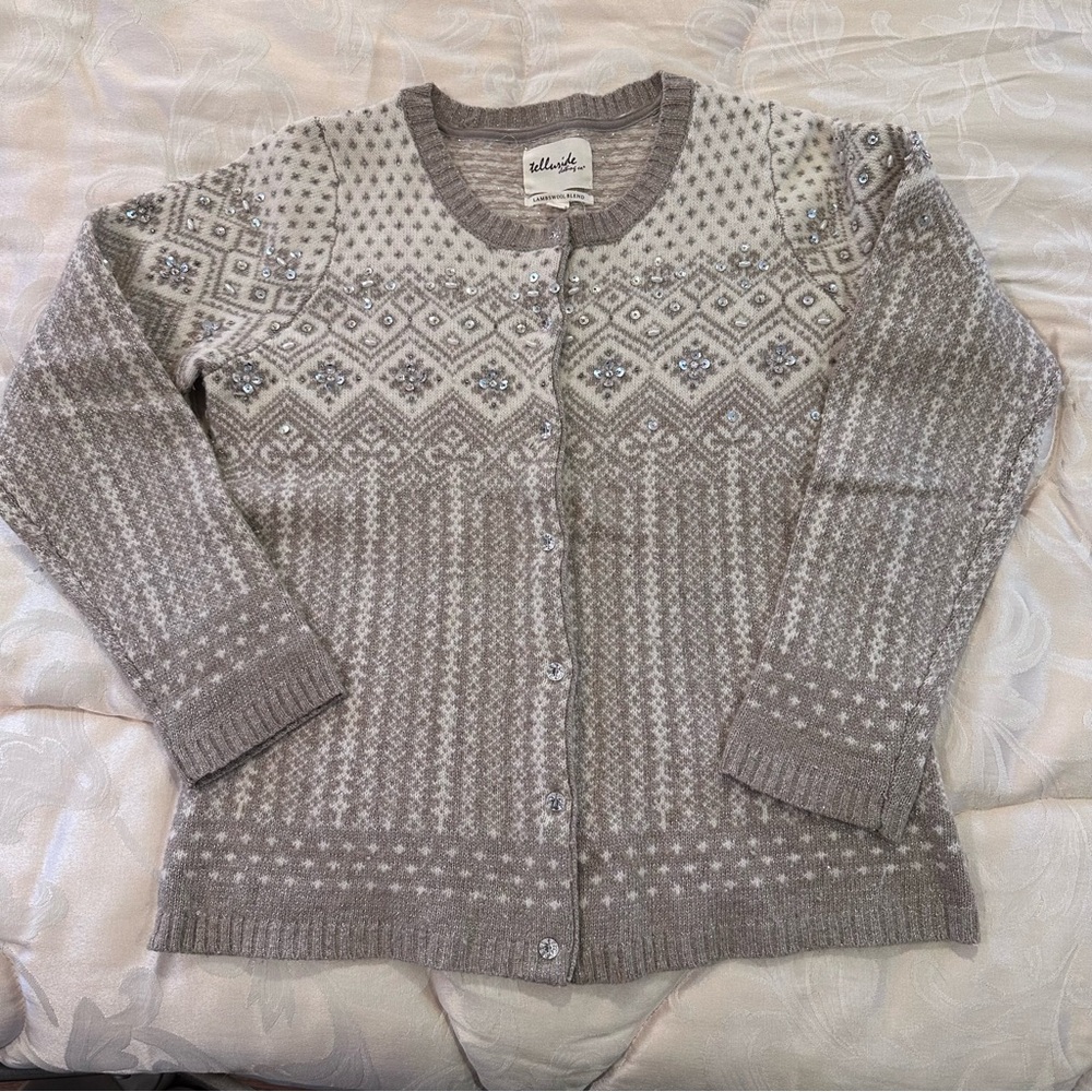 Telluride shimmery Taupe lambs wool Patterned Cardigan
